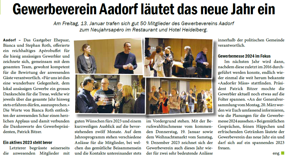 Gewerbeverein Aadorf läutet das neue Jahr ein. REGI DIE NEUE